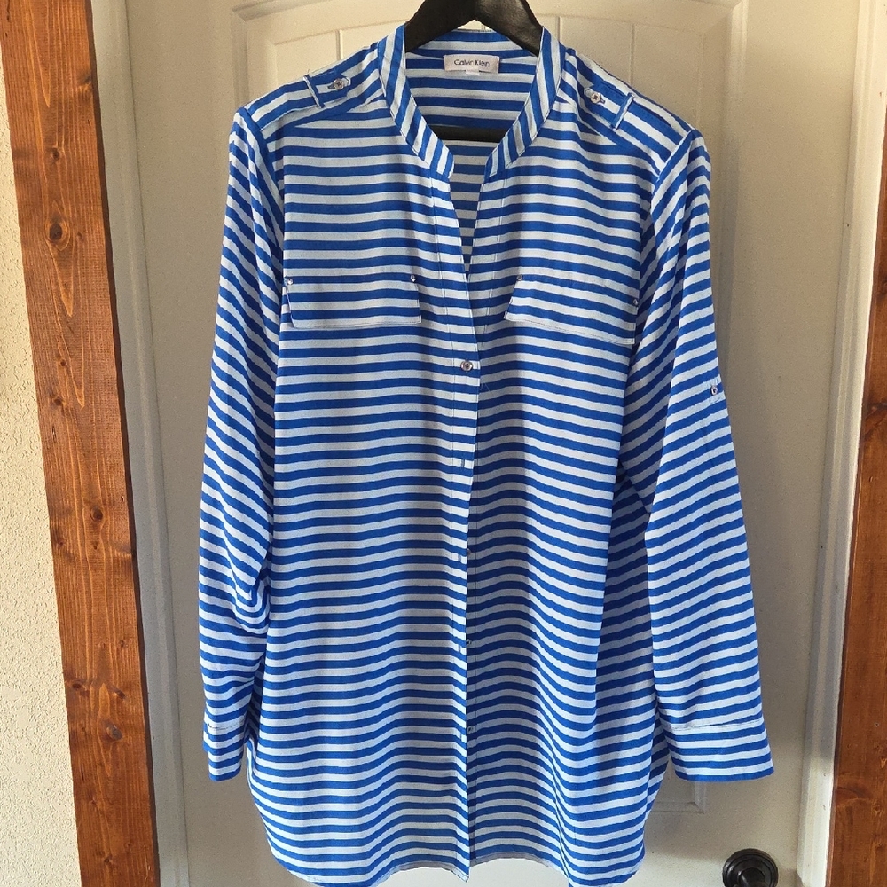 Calvin Klein Blue and White Striped Blouse